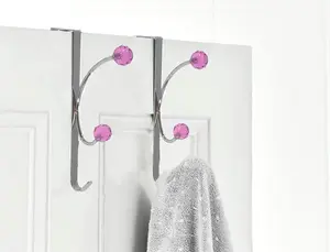 Set of 2 Over Door Hook/Towel,Clothes Hanger-With 2 Pink Crystal Hooks