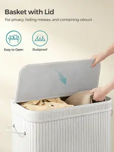 SONGMICS Laundry Hamper With Lid, Bamboo Laundry Basket, Removable Machine Washable Hamper Basket, With Handles, 100 L, White