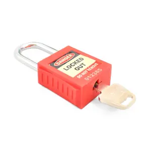 Lockout Safety Padlock Red Reinforced Nylon Body Resistant To Chemicals & Corrosion Key Retaining Feature