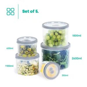 LIVIVO Set of 5 Cylinder Storage Containers with Grey Lids - BPA Free, Stackable & Airtight Plastic Pantry Organiser