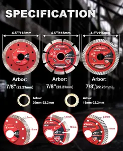 EZARC angle grinder diamond disc set 3pcs, 115mm 22.2mm bore turbo mesh, segment