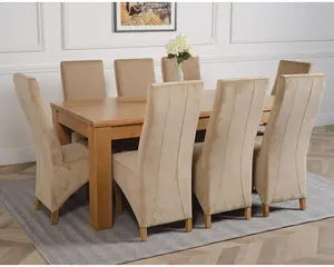 Dakota 182 x 92 cm Chunky Oak Large Dining Table and 8 Chairs Dining Set with Lola Beige Fabric Chairs