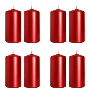 Pillar Candles, Pack of 8, Unscented, Long Burning Time, 10 x 5 cm / 4 x 2 in (Red, Metallic)