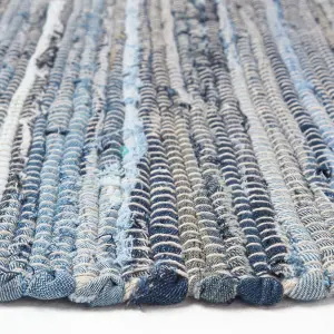 Homescapes Blue Denim Handwoven Striped Chindi Rug, 120 x180 cm