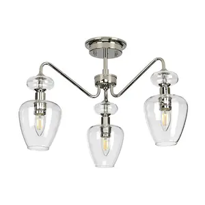 3 Bulb Semi Flush Light Highly Polished Nickel Clear Glass Shades LED E14 40W