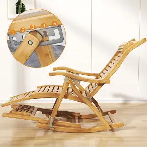 Foldable Natural Adjustable Balcony Wooden Bamboo Rocking Lounge Chair with Retractable Footrest