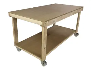 Workbench MDF top, large heavy-duty table (H-90cm, D-120cm, L-150cm) with wheels