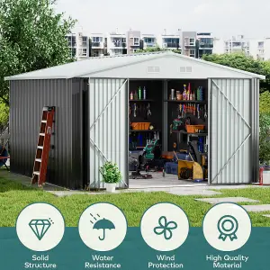 10 x 10 ft Grey Apex Metal Garden Storage Shed Outdoor Storage Shed with Lockable Double Door