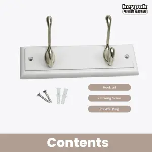 keypak 2-Hook Door Wall Mounted Coat Rack, 22.5cm - White Wooden Board, Satin Nickel Coat Hooks - Fixings Included