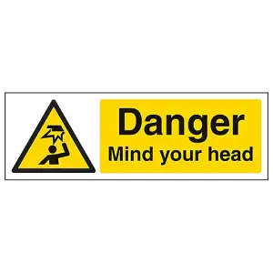 Danger Mind Your Head Warning Sign - Rigid Plastic - 300x100mm (x3)