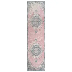 Pink Blue Pastel Traditional Medallion Living Area Runner Rug 60x240cm