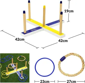 Quoits Garden Game Set with Wooden Ring Toss 5 Rope Rings, 10 Plastic Rings & Carry Bag Fun for Family, Kids, and Adults