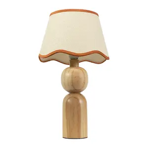 ValueLights Azalea Rustic Wooden Table Lamp with Linen Scallop Rust Trim Edge Shade