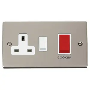 Pearl Nickel Cooker Control 45A With 13A Switched Plug Socket - White Trim - SE Home