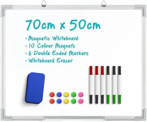 Magnetic Whiteboard Wall Hanging 10 Colour Magnets Marker Pens Memo Notice Board - 70cm x 50cm