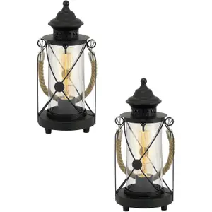 2 PACK Table Lamp Desk Light Black Steel & Glass Lantern Shade 1x 60W E27