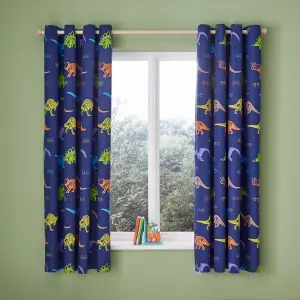 Catherine Lansfield Prehistoric Dinosaurs 66x72 Inch Fully Reversible Two Curtain Panels Natural/Blue