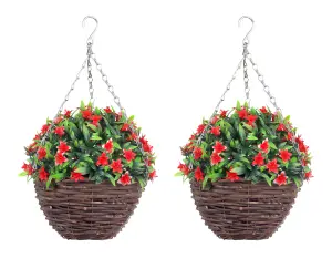 Pair of Best Artificial 28cm Red Lily Hanging Basket Flower Hanging Basket - Suitable for Outdoor Use - Weather & Fade Resistant