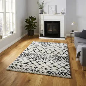 White Black Shaggy Geometric Modern Moroccan Easy to Clean Rug for Living Room, Bedroom and Dining Room-160cm X 220cm