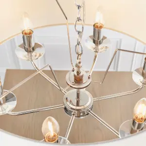 Anson Lighting Eureka 6lt Pendant light finished in Bright nickel plate and vintage white fabric