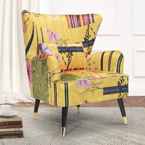 Fabric Gold Patchwork Victoria Accent Wingback Chair