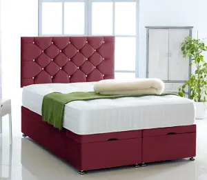 Burgundy Plush Foot Lift Ottoman Bed With Memory Spring Mattress And  Studded Headboard 2FT6 Small Single