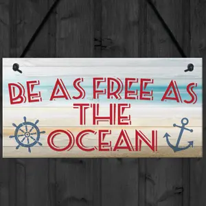 Red Ocean Free As The Ocean Nautical Seaside Marine Theme Hanging Plaque Bedroom Bathroom Door Sign