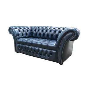 Chesterfield 2 Seater Buttoned Seat Sofa Antique Blue Leather DBB In Balmoral Style