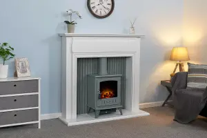 Adam Florence Stove Fireplace in Pure White with Aviemore Electric Stove in Grey Enamel, 48 Inch