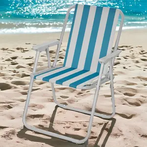 URBNLIVING 76cm Height 2pcs White & Blue Stripe Garden Patio Metal Folding Chairs Camping Beach Picnic Outdoor Seats