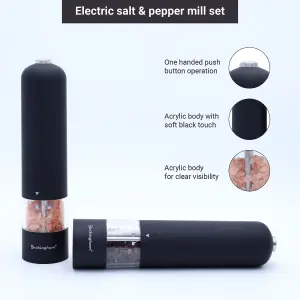 Buckingham Electric Salt & Pepper Grinder Set - Ceramic Grinder Matt Black Soft-Touch, Push Button Operation, Battery Powered, Adj