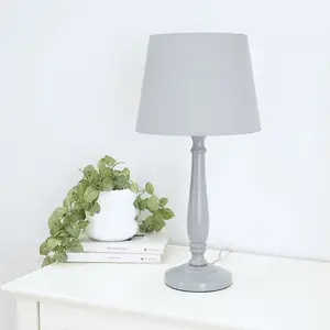 ValueLights Victoria Traditional Grey Wood Candlestick Table Lamp with Grey Tapered Shade