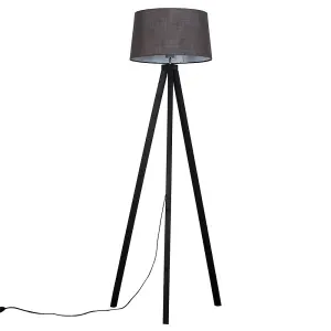 ValueLights Barbro Modern Black Wood Tripod Floor Lamp with Grey Tapered Shade - Includes 6w LED GLS Bulb 3000K Warm White