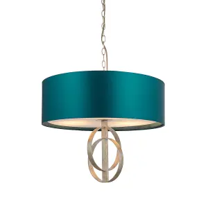 Antique Silver Ceiling Pendant Light & Teal Satin Shade - 3 Bulb Hanging Fitting