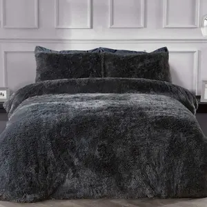 Sleepdown Charcoal Shaggy Faux Fur Long Pile Fleece Duvet Quilt Cover Set Thermal Bedding Single