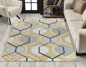 Valencia Modern Hexagon Design Carved Area Rugs Gold 160x230 cm