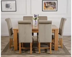 Dakota 152 x 87 cm Chunky Medium Oak Dining Table and 6 Chairs Dining Set with Washington Grey Fabric Chairs