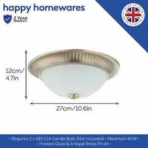 Traditional Antique Brass Flush Ceiling Light Fitting with White Glass Diffuser