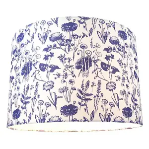 White Cotton 12 Drum Lamp Shade with Blue Floral Decoration and Inner Lining