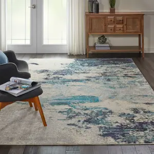 Ivory/Teal/Blue Modern Easy to Clean Abstract Graphics Rug For Dining Room -66cm X 229cm