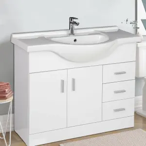 Rinse Bathrooms Gloss White Painted Bathroom Basin Sink Vanity Unit Cabinet Soft Close Door Hinges Floor Standing 1050mm