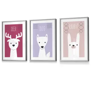 Set of 3 Scandi Nursery Forest Animals Pink Lilac Wall Art Prints / 30x42cm (A3) / Light Grey Frame