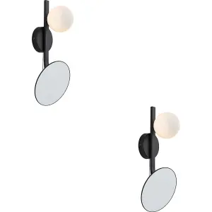 2 PACK IP44 Bathroom Wall Light - Opal Glass Shade Lamp Matt Black Frame - Mirror Built in