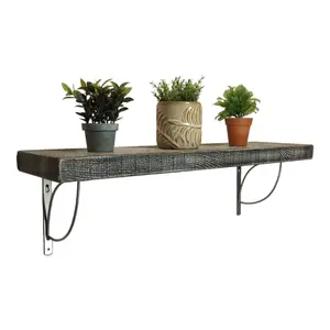 Solid Wood Handmade Rustical Shelf Monochrome 225mm 9 inch with Silver Metal Bracket TRAMP Length of 60cm