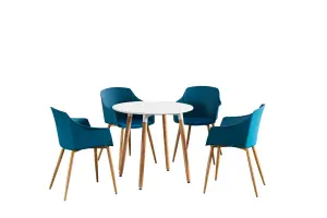 Eden Round Dining Set with a White Dining Table and 4 Blue Dining Chairs