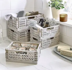 3 x Small Folding Storage Baskets - Grey Plastic Collapsing Home Storage Portable Crate Organizer Boxes - H8.7 x W14.7 x D22.2cm