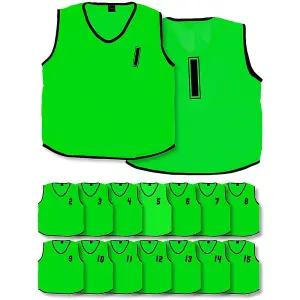 15 PACK 10-14 Years Youth Sports Training Bibs - Numbered 1-15 GREEN Plain Vest