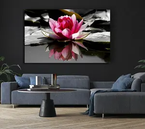 Pink Water Lily Reflections B N W Canvas Print Wall Art - Medium 20 x 32 Inches