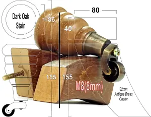 2x DARK OAK STAIN 155mm HIGH WOOD FURNITURE LEGS WITH ANTIQUE CASTOR & 2 CURVED BACK FEET SETTEE CHAIRS, SOFAS M8 TSP2007