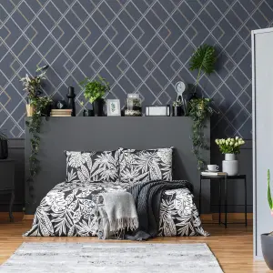 GoodHome Ashbourne Blue Metallic effect Geometric Smooth Wallpaper